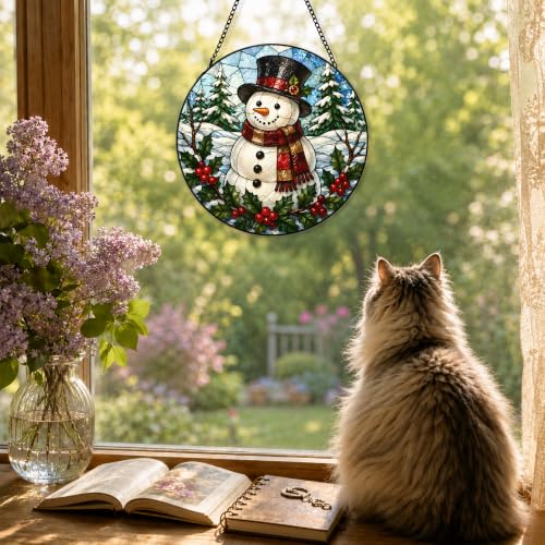 FZSZSD Snowman 9 Winter Glass Suncatcher - 7.8 x 7.8 inch Rustic Holiday Window Decor