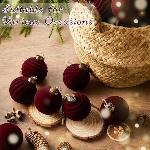 Bornerwhite 24 Pcs Burgundy Velvet Scented Christmas Balls 2.36 Inch - Flocked Holiday Ornaments for Xmas Tree & Decor