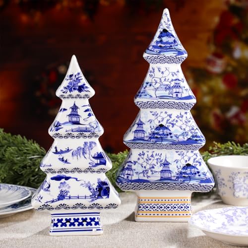 Bucherry 2 Pcs Chinoiserie Christmas Tree 12" 10" Elegant Style – Set of 2 Porcelain Trees