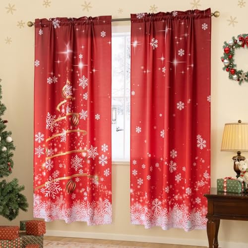 MikiUp Snowflakes Christmas Curtains 52x84 in, Pack of 2, Red Ombre Room Darkening Drapes