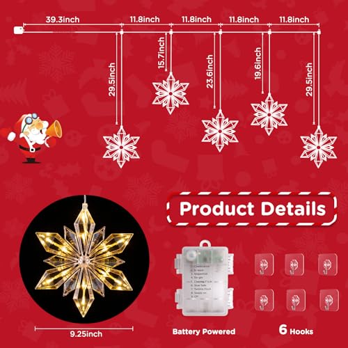 Marchpower 5-Pack 60LED Snowflake Window Lights (Warm White) – Large 9.25in Snowflakes, 3.3ft Lead, 8 Modes