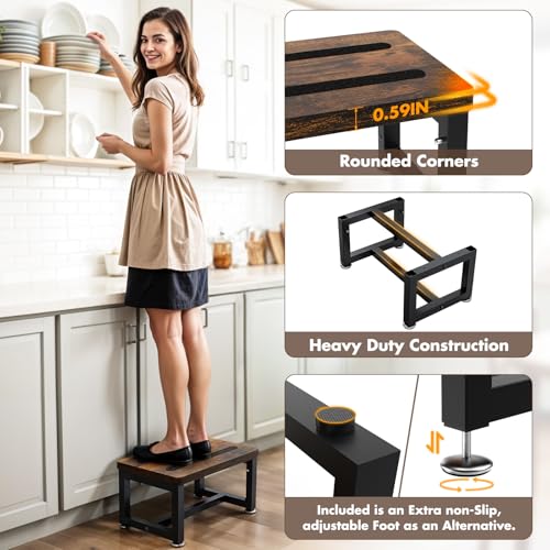 Height-Adjustable Wooden Step Stool - Non-Slip Heavy Duty Foot Stool