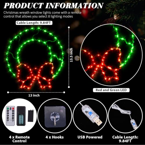 Glooglitter 4 Pcs Christmas Window Silhouette Lights with Bottom Bow, 13.5in, 80 LEDs, USB Powered, 8 Modes & Remote Control