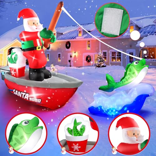 Kalolary 15FT Christmas Inflatable Santa Fishing with LED Lights - Holiday Yard Decor