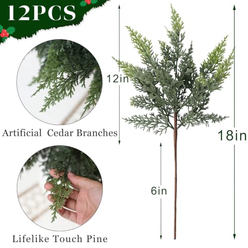 12 Pcs 18-Inch Artificial Cedar Branches for Vase & Holiday Decor - Lifelike Touch, Christmas Home Decoration