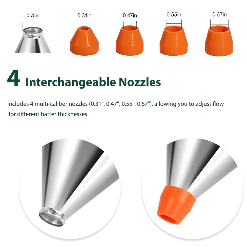 LunaCozy Pancake Batter Dispenser – 40oz Stainless Steel No-Drip Funnel, 4 Interchangeable Silicone Nozzles, Easy Control Batter Dispenser for Pancakes, Cupcakes, Funnel Cakes, Muffins & More