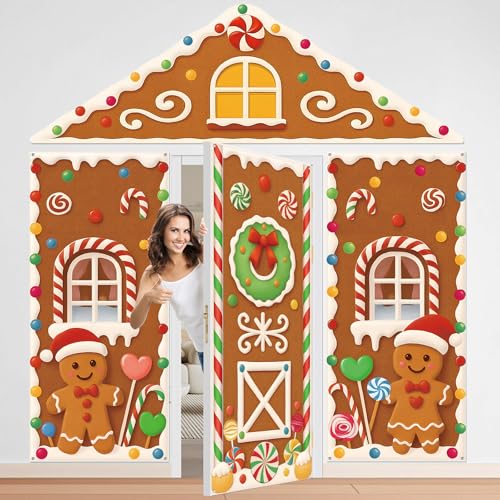 Christmas Gingerbread House Door Cover Decorations - Holiday Backdrop for Xmas Party & Photography