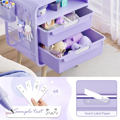 Kids Metal Nightstand with 2 Drawers and Storage Basket - Purple