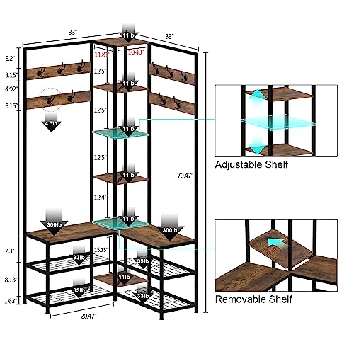 Corner Hall Tree with Shoe Bench, 10-Hook Industrial Coat Rack & Storage