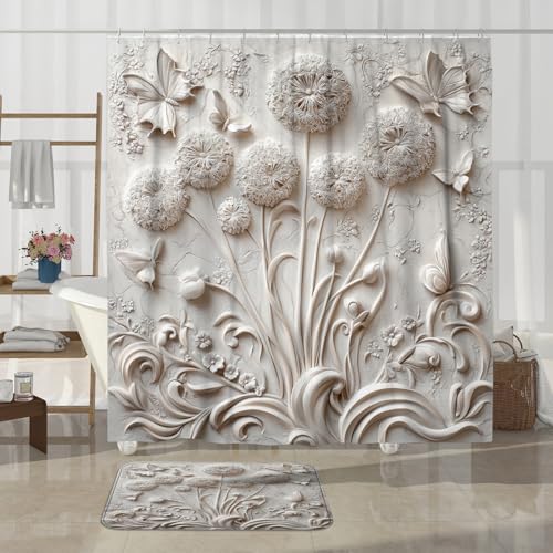 Vintage Dandelion 4-Piece Shower Curtain & Bathroom Rug Set - 72x72