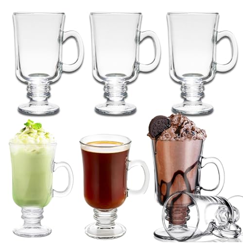 Set of 6 Clear Glass Irish Coffee Mugs 8.45 Oz with Handle & Footed Base