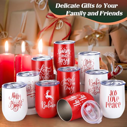 Uiifan Red White 10 Pack Christmas Tumblers 12oz Insulated Travel Cups with Straw & Lid