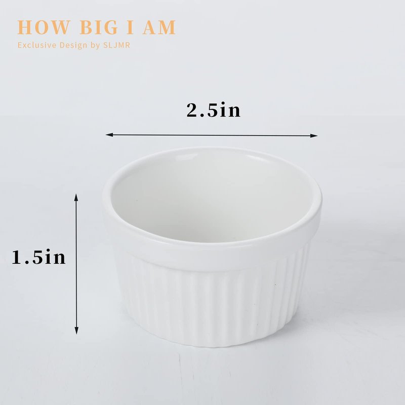 3 oz Ramekins 6 pcs Porcelain Ramekins Dishes for Souffle,Creme Brulee, Pudding, Custard Cups,Bakeware Bowls Set for Baking,Oven Safe, White 2.75 inch