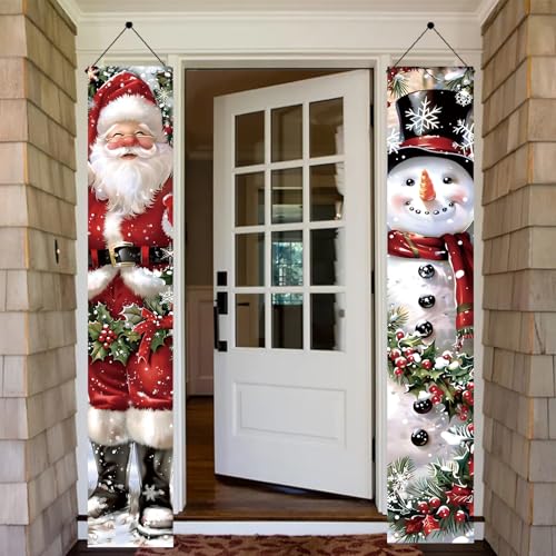 Saoplasa 2PCS Christmas Porch Banner Decorations Santa and Snowman Outdoor Sign 71x12 Inch Holiday Front Door Decor