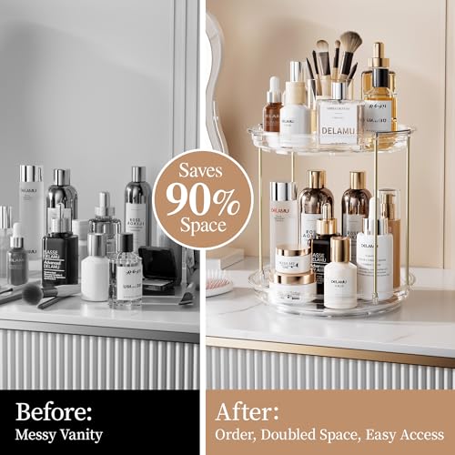 Delamu 2-Tier Rotating Makeup Organizer - 9.3-inch Clear Vanity Storage