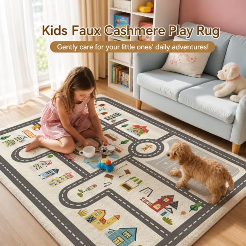 Kids Town Road Play Rug, 5x7 Ft Faux Wool Interactive Car Map for Playroom