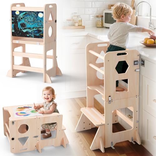 4-in-1 Wooden Toddler Learning Tower & Kitchen Step Stool with Blackboard