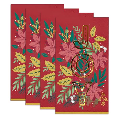 Wrapaholic 50-Pack Joy and Flower Christmas Disposable Napkins 3-Ply, 4.3 x 7.9 Inches