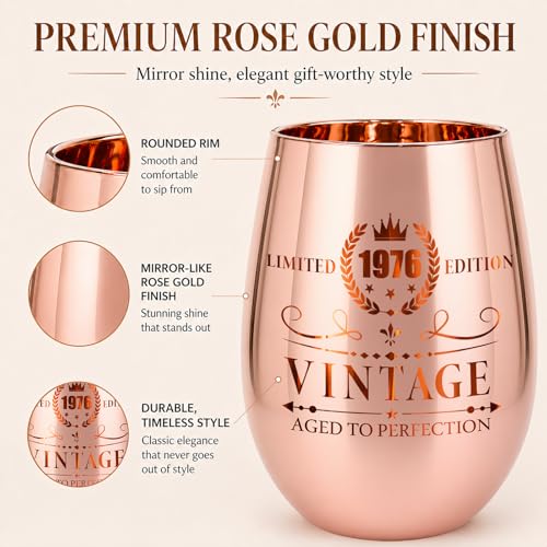 18oz Rose Gold 50th Birthday Wine Glass - Vintage 1976 Engraved Crystal