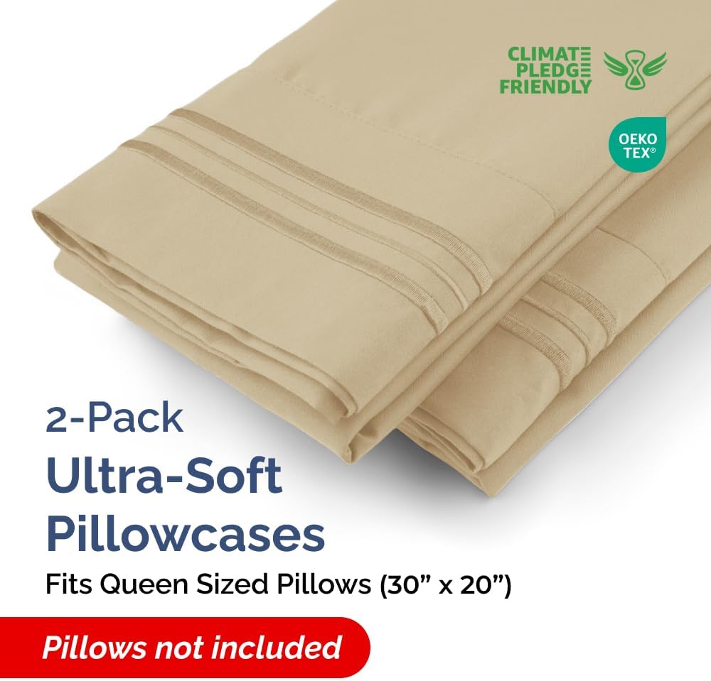 Skiennix Queen Pillow Cases Set of 2 - Ultra Soft Hotel Quality - Wrinkle Free & Stain Resistant - Beige