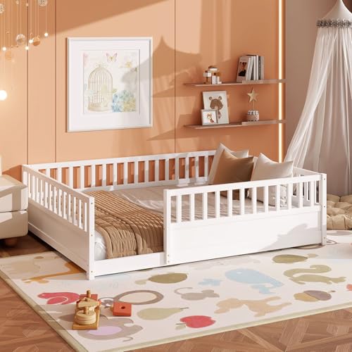 Queen Montessori Floor Bed Frame with Safety Fence, Solid Pine Wood