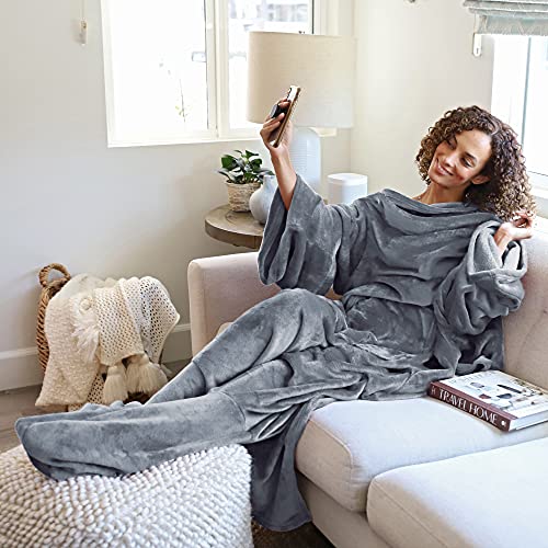 Wearable Blanket with Sleeves and Foot Pocket - Soft Fleece Throw Wrap