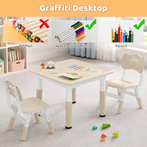 CuFun 23.6L x 23.6W x 23.6H Natural Kids Adjustable Table & Chairs Set for Ages 2-8
