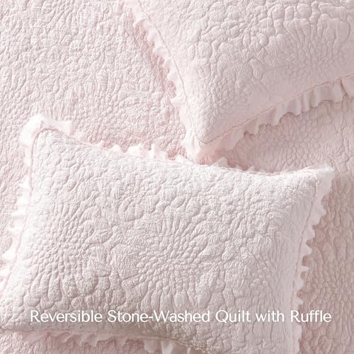 Pink Ruffled Quilt Set Queen - 3 Piece Stone-Washed Microfiber Bedding