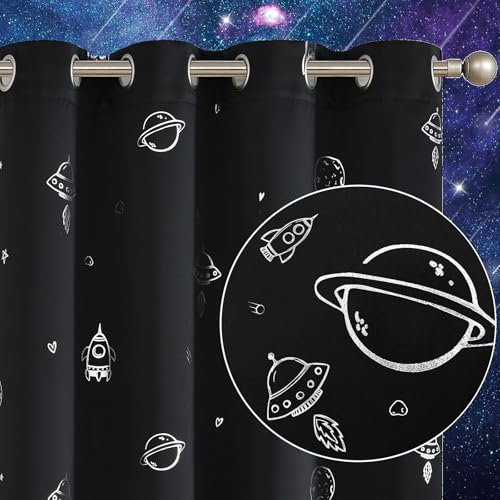 Space Theme Blackout Curtains for Kids Room, 63 Inch Panels, 2-Pack