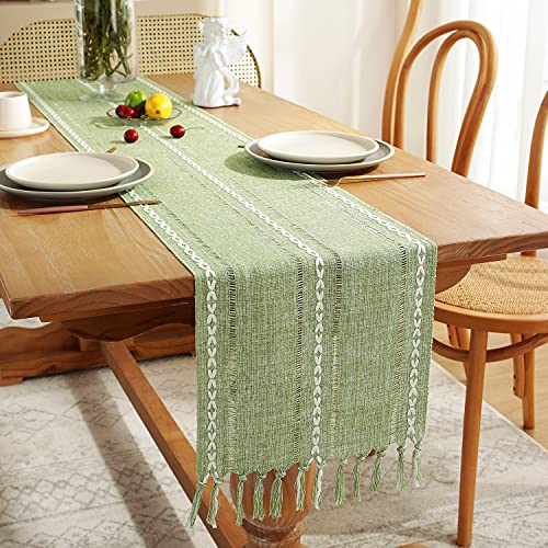 Chassic Hemstitched Sage Green 13"W x 48"L Linen Table Runner - Rustic Farmhouse, Tassel Embroidered