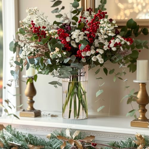 Clear Ribbed Glass Cylinder Vase 8 Inch - Decorative Centerpiece & Candle Holder