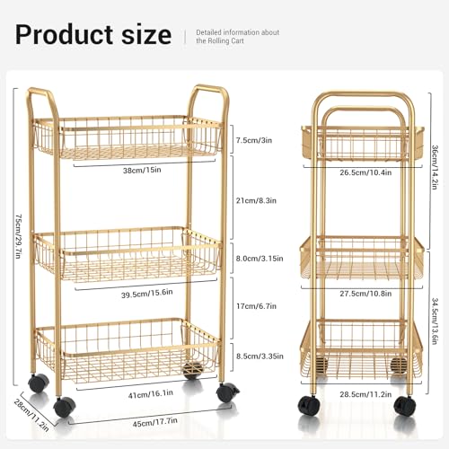 3-Tier Rolling Utility Cart with Lockable Wheels - Gold Metal Storage Trolley
