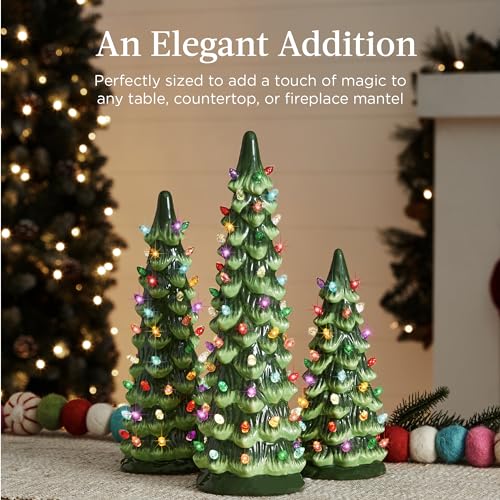 Pre-Lit Ceramic Christmas Trees, Set of 3 Hand-Painted Tabletop Decor