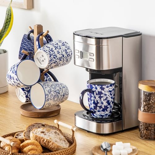 Vancasso Selene 16 Oz Blue Floral Coffee Mug Set of 6 - Large Porcelain Tea & Coffee Cups with Handle, Dishwasher & Microwave Safe