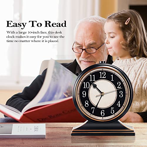 Vintage 10-Inch Silent Desk Clock, Non-Ticking Retro Mantel Table Clock