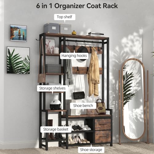 43" Industrial Hall Tree with Shoe Bench, Coat Rack, and Storage Drawers