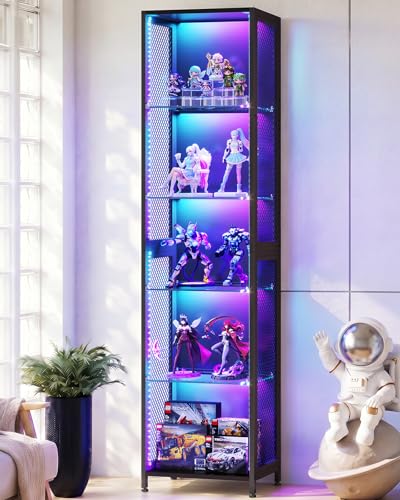 72-inch Tall Slim Display Cabinet with LED Lights and Glass Shelves