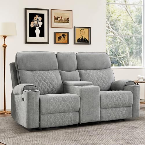 Power Reclining Loveseat Sofa with USB Charging, Cup Holders & Storage, Grey