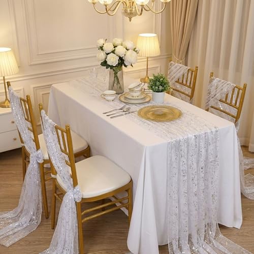 White Silver Metallic Foil Sequin Table Runner Set of 6 - 28x120 inches