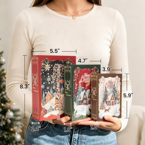AELS 3-Piece Christmas Decorative Book Boxes with Hidden Storage – 8.3in, 7.1in, 5.9in
