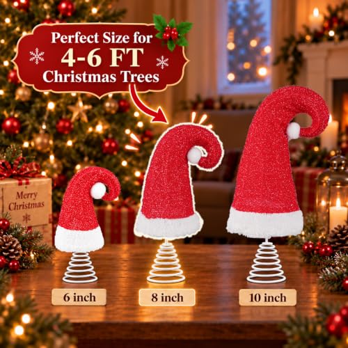 8 Inch Red Santa Hat Christmas Tree Topper with 6H Timer (Battery Operated) - Santi Hat Variation 8 Inch Red Hat