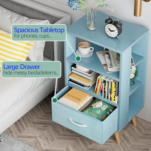 3-Tier Blue Nightstand with Drawer and Open Storage for Small Spaces