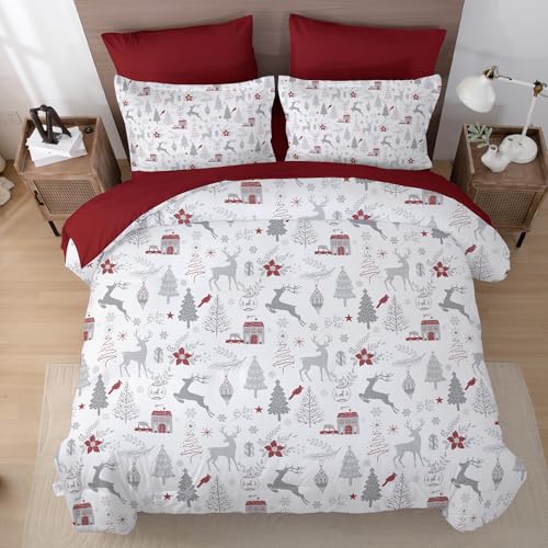 Luxudecor Christmas King Comforter Set - 7 Pieces, Red & White Reindeer Bed in a Bag, King