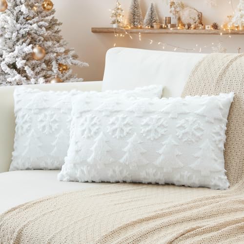 OTOSTAR 2-Pack Christmas Tree Snowflake Faux Fur Pillow Covers 12x20 White