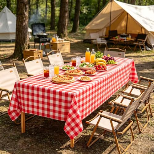 Red Checkered Plastic Tablecloth 54 x 108 Inches - 2 Pack Disposable Gingham for Parties