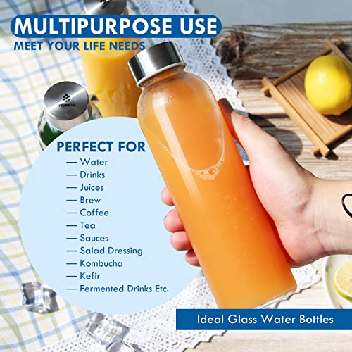 18 oz Glass Juice Bottles with Lids and Sleeves, 6 Pack