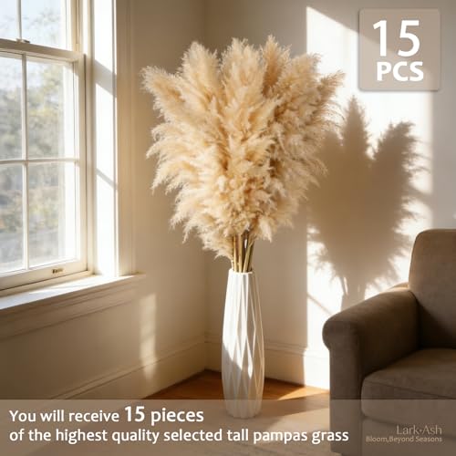 55-Inch Tall Dried Pampas Grass – 15-Piece Fluffy Floral Bouquet for Boho Decor