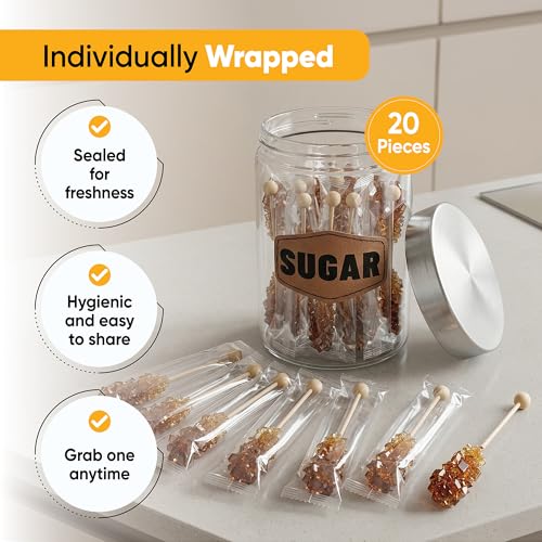 Matcha Outlet Brown Sugar Sticks - 20 Individually Wrapped Cane Sugar Stirrers for Coffee, Tea & Cocktails