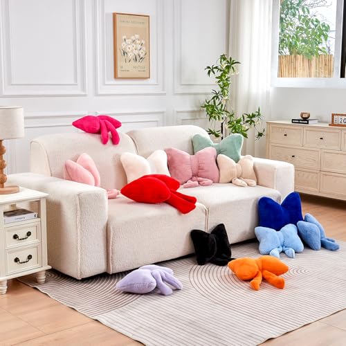 Pink Bow Throw Pillow, Soft Faux Rabbit Fur Decorative Bow Shaped Cushion