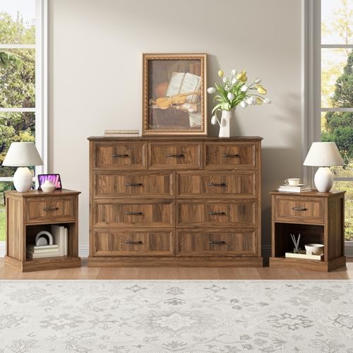3-Piece Farmhouse Bedroom Furniture Set: 9-Drawer Dresser and 2 Nightstands